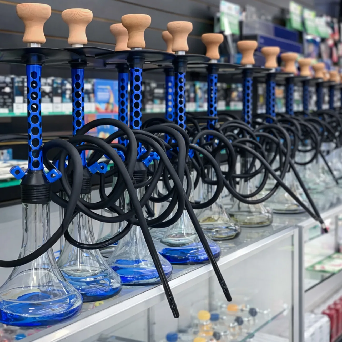 Hookah pipes and glass water pipes on display at Smokey Houston