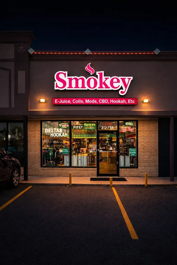 Smokey Vape Shop storefront on Broadway Street Houston at night