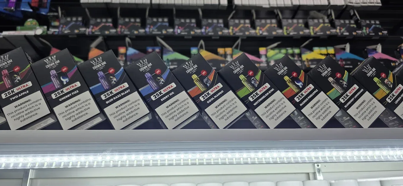 Crown Bar 25K Ultra disposable vapes on display at Smokey Houston